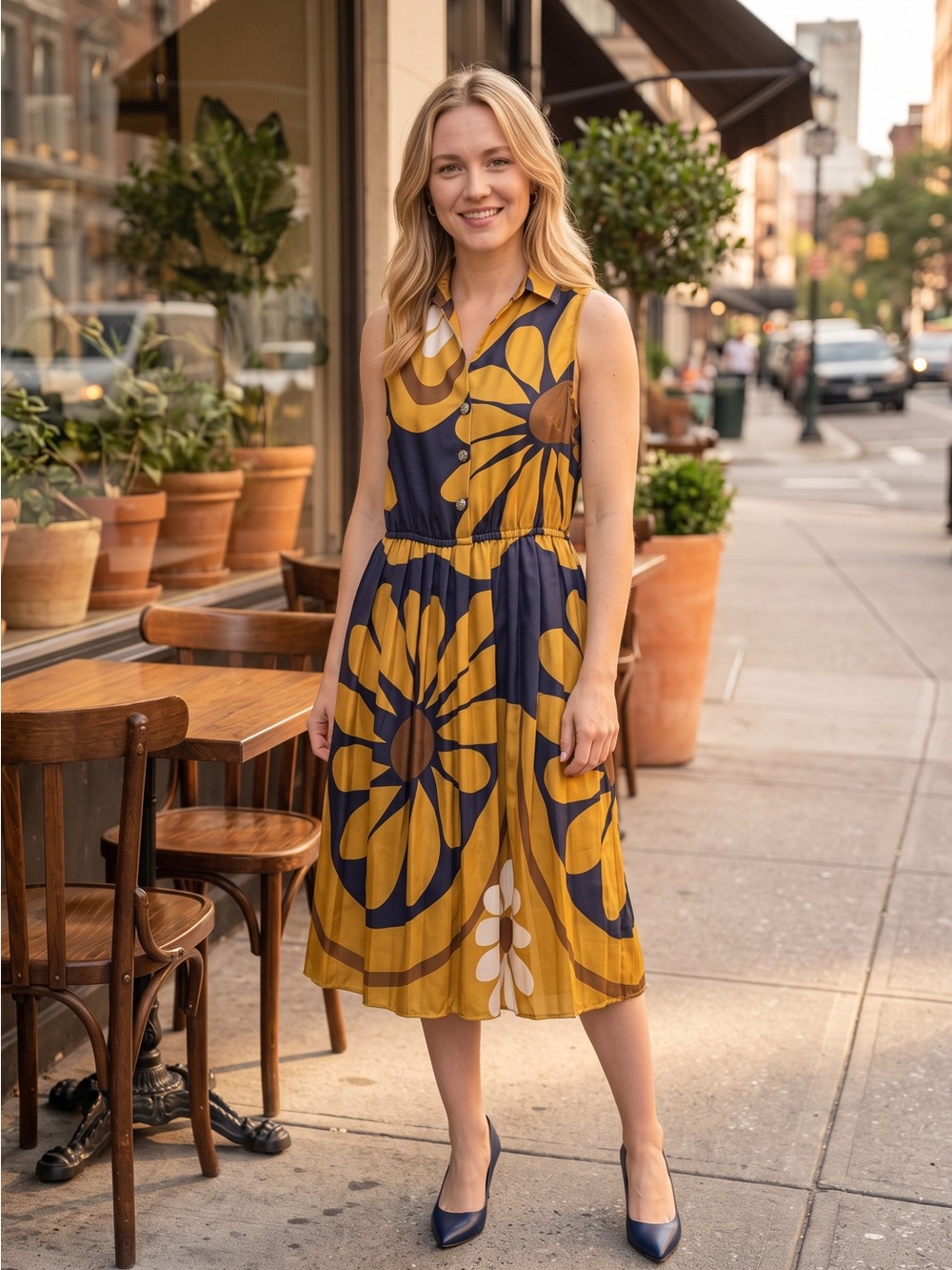 Maeve Anthropology Navy and Mustard Floral Button-Front Midi Dress Size 6